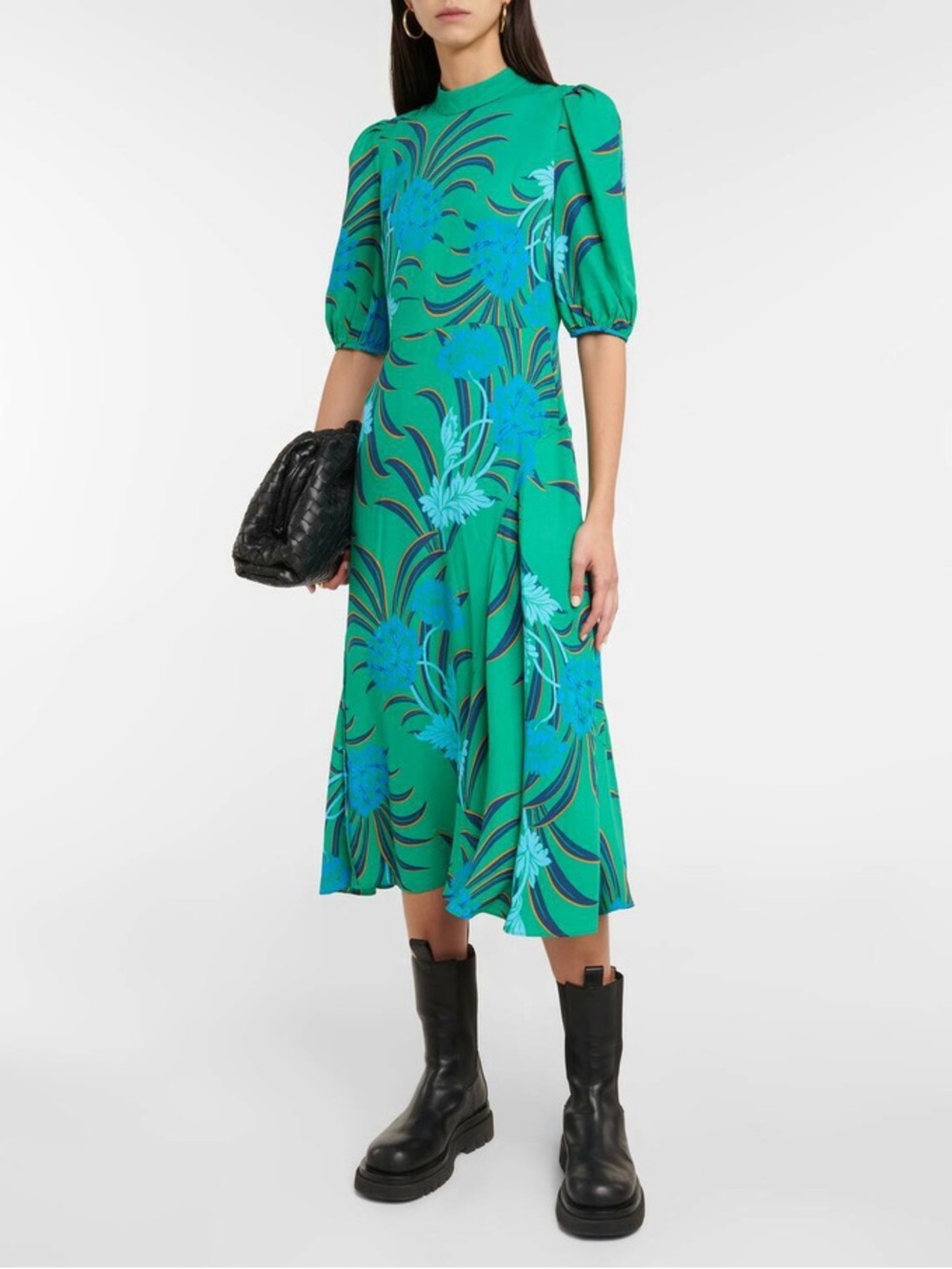 Diane von Furstenberg Nella Teal Green floral midi dress balloon sleeve 00